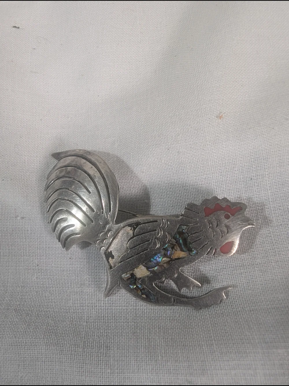 Sterling Silver Rooster Brooch with Abalone Stone Inlay Mexico